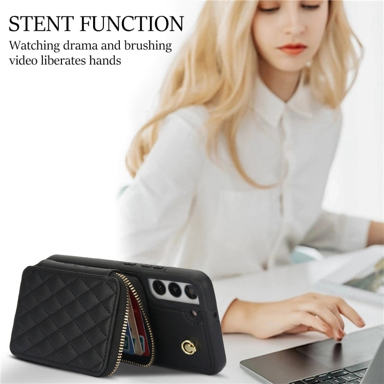 For Samsung Galaxy S22 5G AwQuer Crossbody Zipper Wallet Rhombic Leather Back Phone Case(Black) - Galaxy S22 5G Cases by Awquer | Online Shopping UK | buy2fix