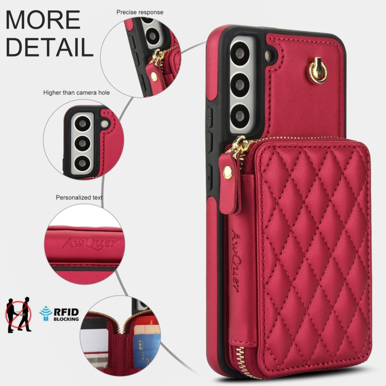 For Samsung Galaxy S22 5G AwQuer Crossbody Zipper Wallet Rhombic Leather Back Phone Case(Red) - Galaxy S22 5G Cases by Awquer | Online Shopping UK | buy2fix