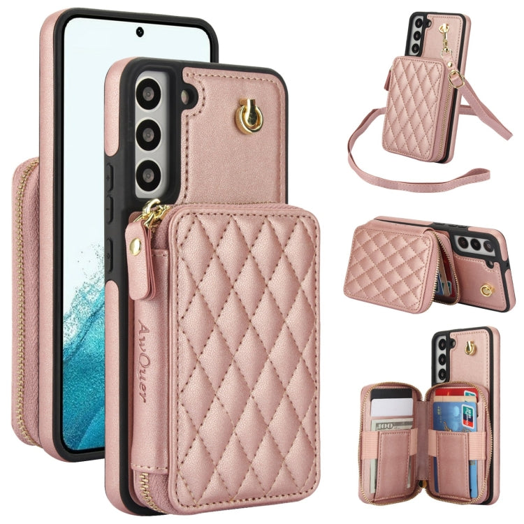 For Samsung Galaxy S22 5G AwQuer Crossbody Zipper Wallet Rhombic Leather Back Phone Case(Rose Gold) - Galaxy S22 5G Cases by Awquer | Online Shopping UK | buy2fix