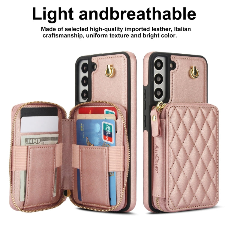 For Samsung Galaxy S22 5G AwQuer Crossbody Zipper Wallet Rhombic Leather Back Phone Case(Rose Gold) - Galaxy S22 5G Cases by Awquer | Online Shopping UK | buy2fix