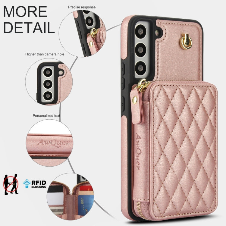 For Samsung Galaxy S22 5G AwQuer Crossbody Zipper Wallet Rhombic Leather Back Phone Case(Rose Gold) - Galaxy S22 5G Cases by Awquer | Online Shopping UK | buy2fix