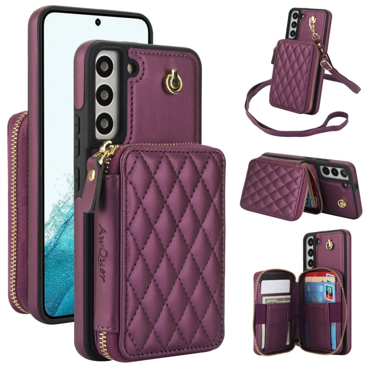 For Samsung Galaxy S22 5G AwQuer Crossbody Zipper Wallet Rhombic Leather Back Phone Case(Dark Purple) - Galaxy S22 5G Cases by Awquer | Online Shopping UK | buy2fix