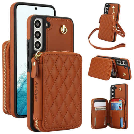 For Samsung Galaxy S22 5G AwQuer Crossbody Zipper Wallet Rhombic Leather Back Phone Case(Brown) - Galaxy S22 5G Cases by Awquer | Online Shopping UK | buy2fix