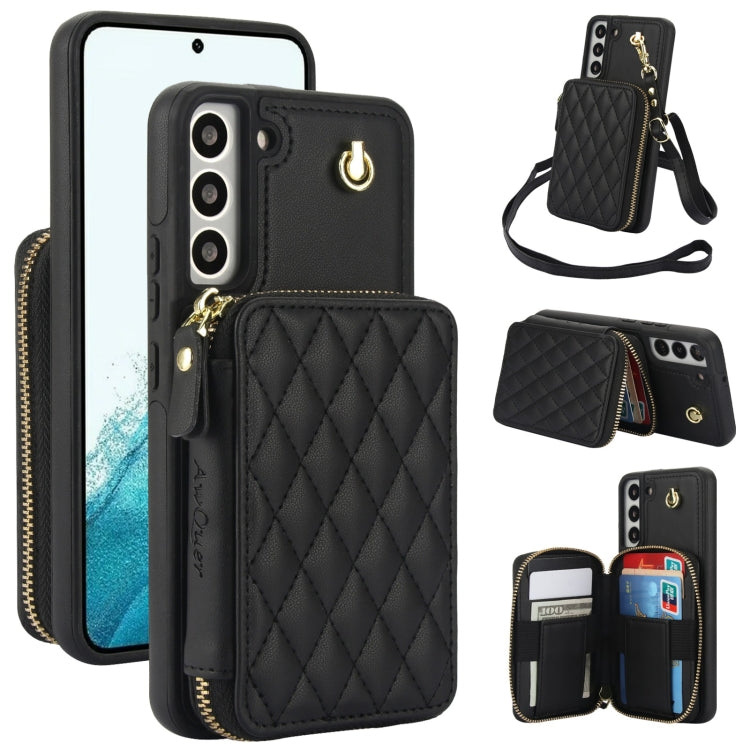 For Samsung Galaxy S22+ 5G AwQuer Crossbody Zipper Wallet Rhombic Leather Back Phone Case(Black) - Galaxy S22+ 5G Cases by Awquer | Online Shopping UK | buy2fix