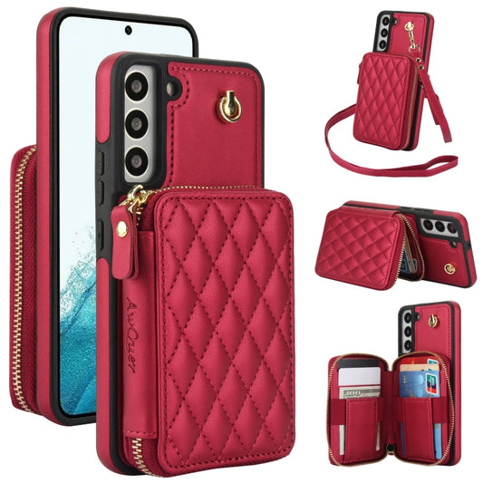 For Samsung Galaxy S22+ 5G AwQuer Crossbody Zipper Wallet Rhombic Leather Back Phone Case(Red) - Galaxy S22+ 5G Cases by Awquer | Online Shopping UK | buy2fix