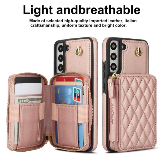 For Samsung Galaxy S22+ 5G AwQuer Crossbody Zipper Wallet Rhombic Leather Back Phone Case(Rose Gold) - Galaxy S22+ 5G Cases by Awquer | Online Shopping UK | buy2fix