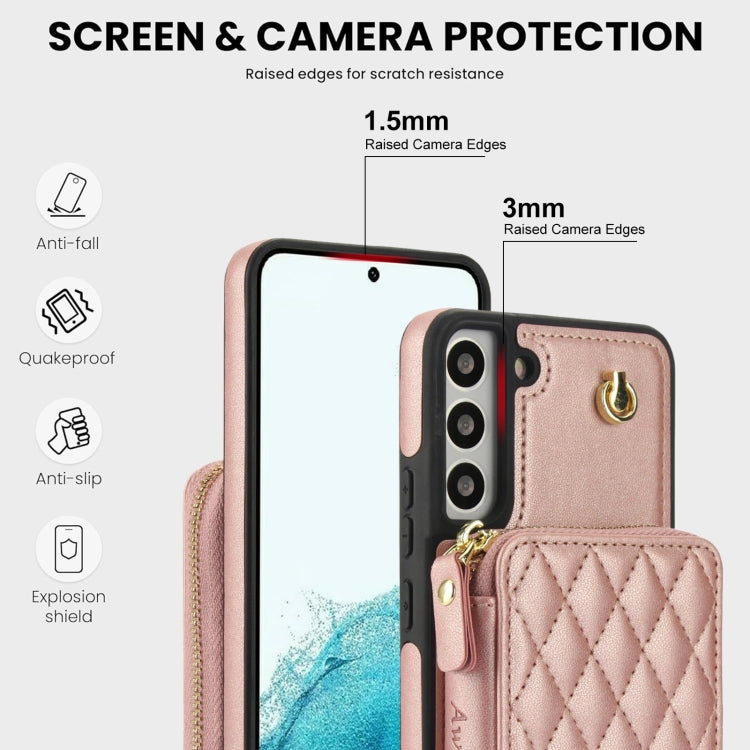 For Samsung Galaxy S22+ 5G AwQuer Crossbody Zipper Wallet Rhombic Leather Back Phone Case(Rose Gold) - Galaxy S22+ 5G Cases by Awquer | Online Shopping UK | buy2fix
