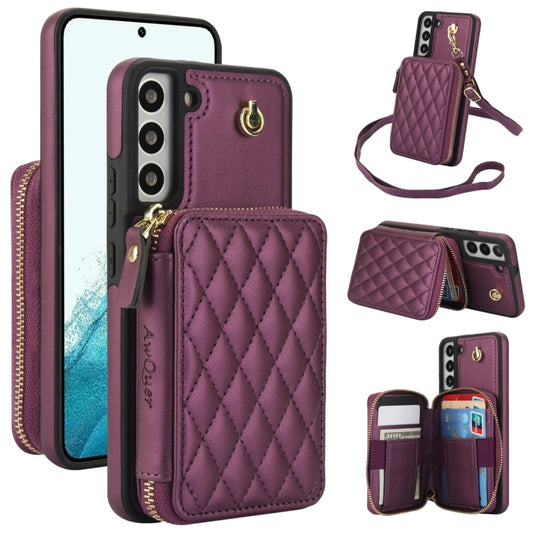 For Samsung Galaxy S22+ 5G AwQuer Crossbody Zipper Wallet Rhombic Leather Back Phone Case(Dark Purple) - Galaxy S22+ 5G Cases by Awquer | Online Shopping UK | buy2fix