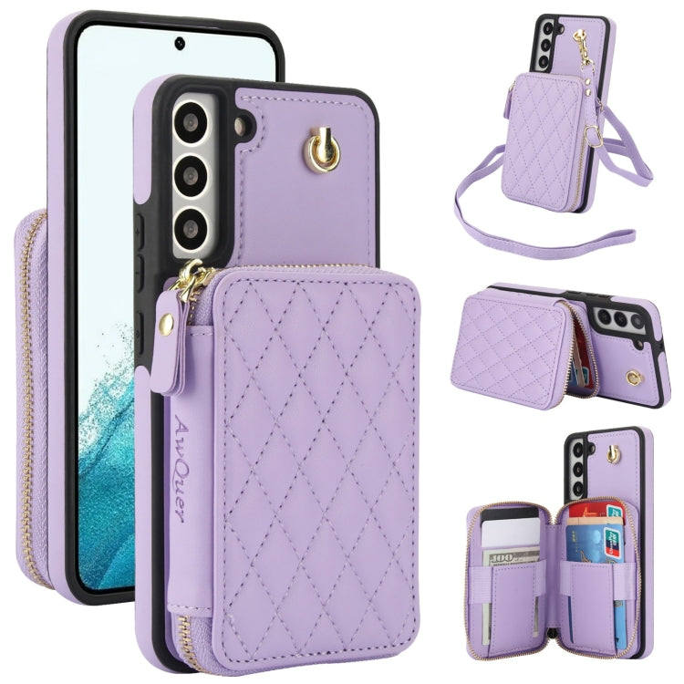 For Samsung Galaxy S22+ 5G AwQuer Crossbody Zipper Wallet Rhombic Leather Back Phone Case(Purple) - Galaxy S22+ 5G Cases by Awquer | Online Shopping UK | buy2fix