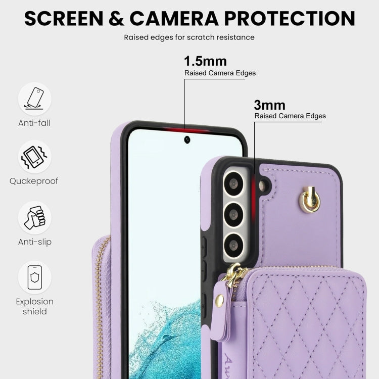 For Samsung Galaxy S22+ 5G AwQuer Crossbody Zipper Wallet Rhombic Leather Back Phone Case(Purple) - Galaxy S22+ 5G Cases by Awquer | Online Shopping UK | buy2fix