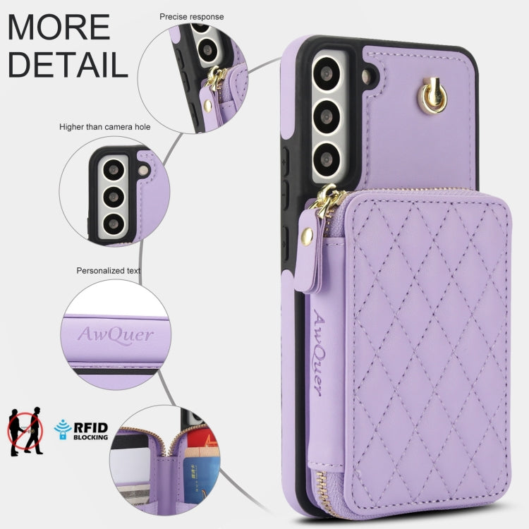 For Samsung Galaxy S22+ 5G AwQuer Crossbody Zipper Wallet Rhombic Leather Back Phone Case(Purple) - Galaxy S22+ 5G Cases by Awquer | Online Shopping UK | buy2fix