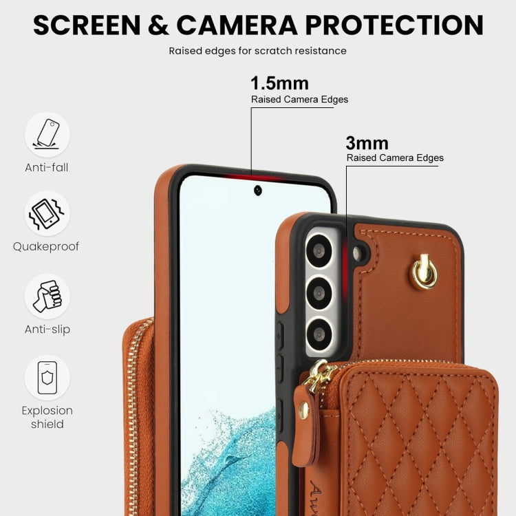 For Samsung Galaxy S22+ 5G AwQuer Crossbody Zipper Wallet Rhombic Leather Back Phone Case(Brown) - Galaxy S22+ 5G Cases by Awquer | Online Shopping UK | buy2fix