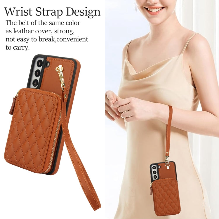 For Samsung Galaxy S22+ 5G AwQuer Crossbody Zipper Wallet Rhombic Leather Back Phone Case(Brown) - Galaxy S22+ 5G Cases by Awquer | Online Shopping UK | buy2fix
