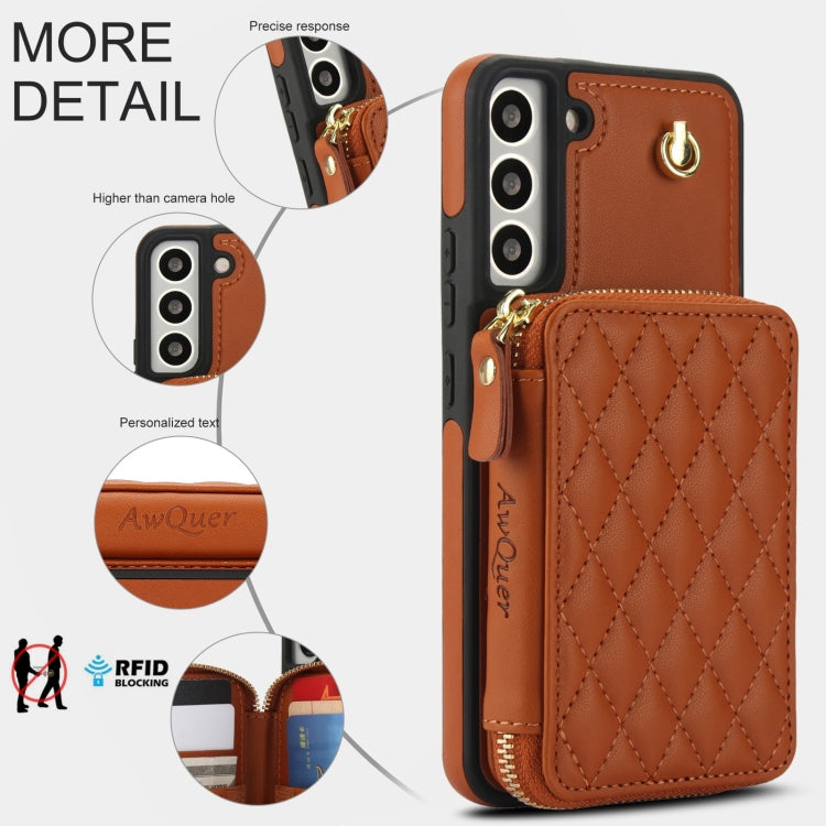 For Samsung Galaxy S22+ 5G AwQuer Crossbody Zipper Wallet Rhombic Leather Back Phone Case(Brown) - Galaxy S22+ 5G Cases by Awquer | Online Shopping UK | buy2fix
