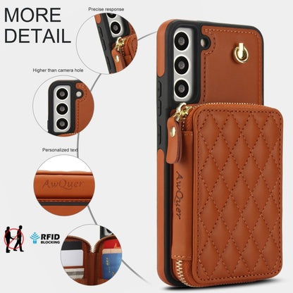 For Samsung Galaxy S22+ 5G AwQuer Crossbody Zipper Wallet Rhombic Leather Back Phone Case(Brown) - Galaxy S22+ 5G Cases by Awquer | Online Shopping UK | buy2fix