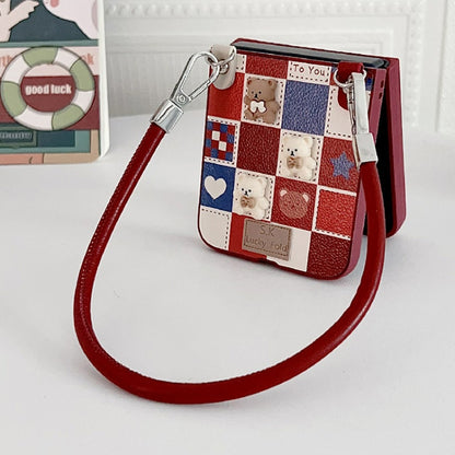 For Motorola Razr 50 Lattice Little Bear Pattern Full Coverage Phone Case with Wrist Strap(Red) by buy2fix