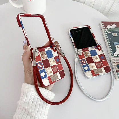 For Motorola Razr 50 Lattice Little Bear Pattern Full Coverage Phone Case with Wrist Strap(Red) by buy2fix