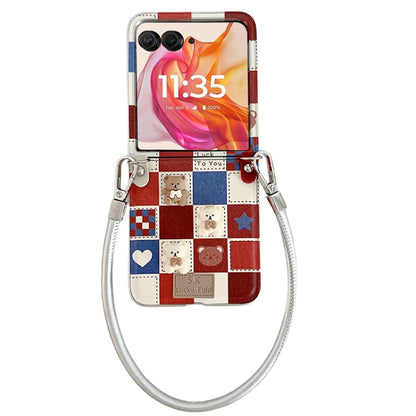 For Motorola Razr 50 Lattice Little Bear Pattern Full Coverage Phone Case with Wrist Strap(Silver) by buy2fix