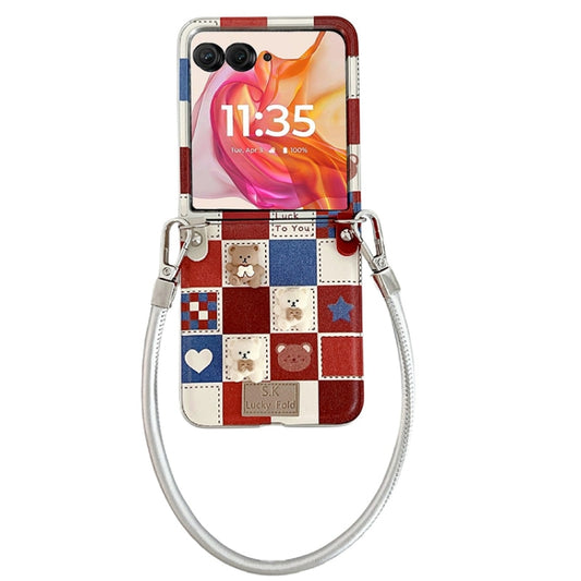 For Motorola Razr 50 Ultra Lattice Little Bear Pattern Full Coverage Phone Case with Wrist Strap(Silver) by buy2fix