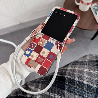 For Motorola Razr 50 Ultra Lattice Little Bear Pattern Full Coverage Phone Case with Wrist Strap(Silver) by buy2fix