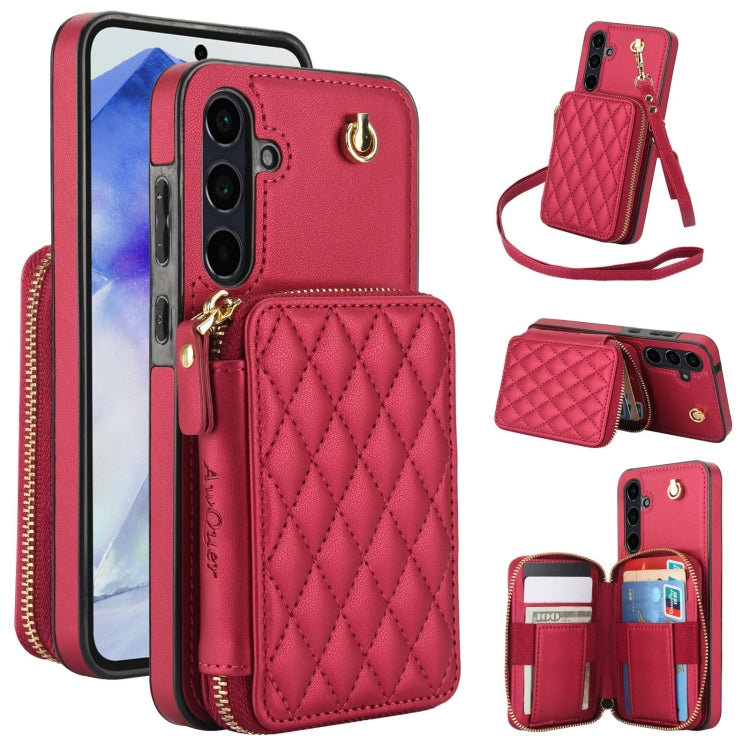 For Samsung Galaxy A55 5G AwQuer Crossbody Zipper Wallet Rhombic Leather Back Phone Case(Red) - Galaxy Phone Cases by Awquer | Online Shopping UK | buy2fix