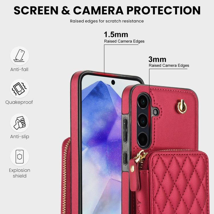 For Samsung Galaxy A55 5G AwQuer Crossbody Zipper Wallet Rhombic Leather Back Phone Case(Red) - Galaxy Phone Cases by Awquer | Online Shopping UK | buy2fix