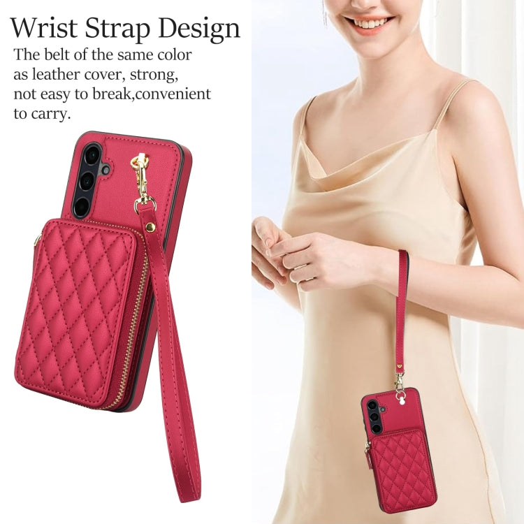 For Samsung Galaxy A55 5G AwQuer Crossbody Zipper Wallet Rhombic Leather Back Phone Case(Red) - Galaxy Phone Cases by Awquer | Online Shopping UK | buy2fix
