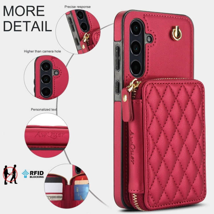 For Samsung Galaxy A55 5G AwQuer Crossbody Zipper Wallet Rhombic Leather Back Phone Case(Red) - Galaxy Phone Cases by Awquer | Online Shopping UK | buy2fix