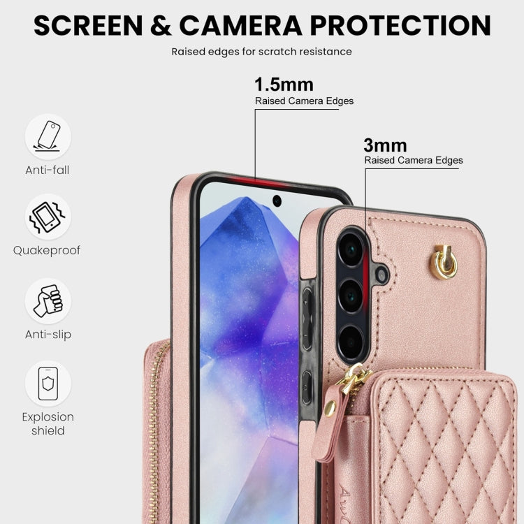 For Samsung Galaxy A55 5G AwQuer Crossbody Zipper Wallet Rhombic Leather Back Phone Case(Rose Gold) - Galaxy Phone Cases by Awquer | Online Shopping UK | buy2fix