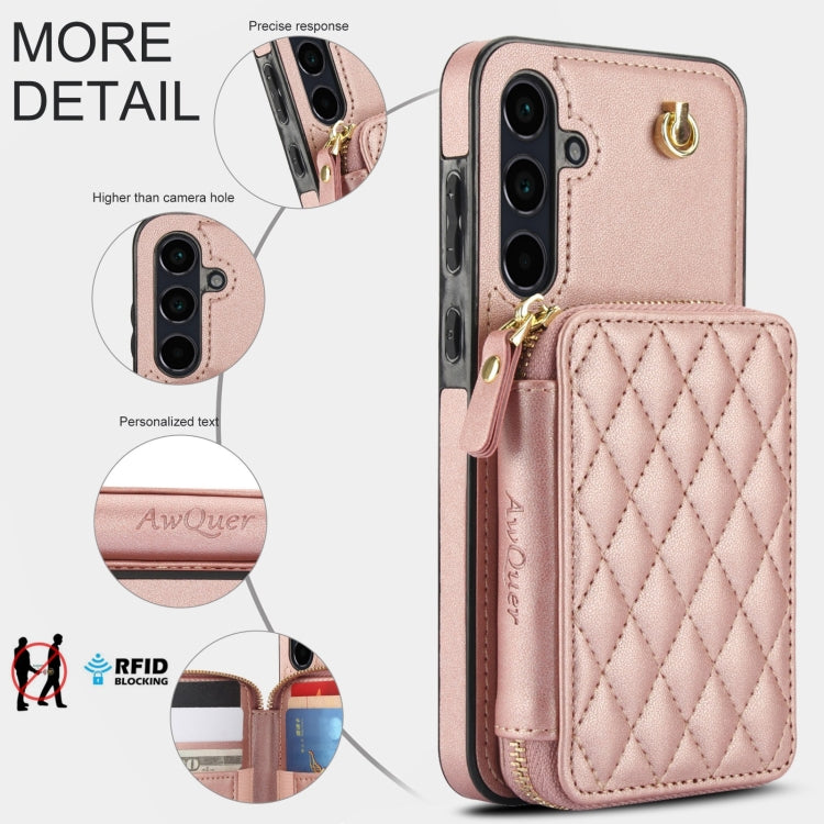 For Samsung Galaxy A55 5G AwQuer Crossbody Zipper Wallet Rhombic Leather Back Phone Case(Rose Gold) - Galaxy Phone Cases by Awquer | Online Shopping UK | buy2fix