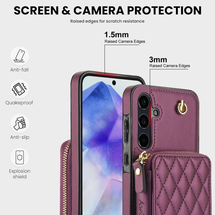 For Samsung Galaxy A55 5G AwQuer Crossbody Zipper Wallet Rhombic Leather Back Phone Case(Dark Purple) - Galaxy Phone Cases by Awquer | Online Shopping UK | buy2fix