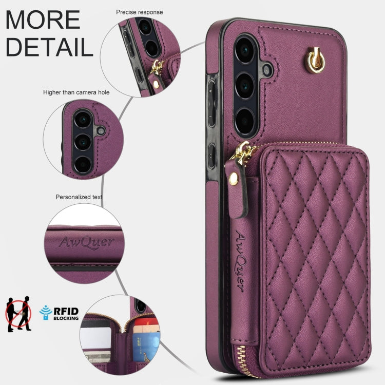 For Samsung Galaxy A55 5G AwQuer Crossbody Zipper Wallet Rhombic Leather Back Phone Case(Dark Purple) - Galaxy Phone Cases by Awquer | Online Shopping UK | buy2fix