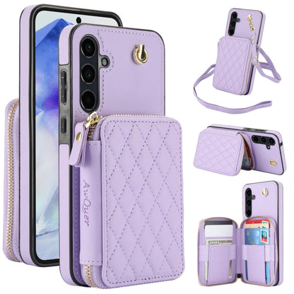 For Samsung Galaxy A55 5G AwQuer Crossbody Zipper Wallet Rhombic Leather Back Phone Case(Purple) - Galaxy Phone Cases by Awquer | Online Shopping UK | buy2fix