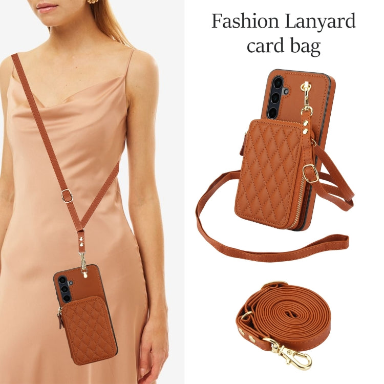 For Samsung Galaxy A55 5G AwQuer Crossbody Zipper Wallet Rhombic Leather Back Phone Case(Brown) - Galaxy Phone Cases by Awquer | Online Shopping UK | buy2fix