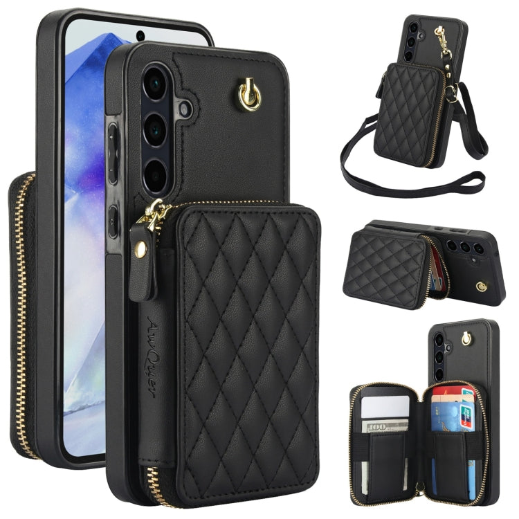 For Samsung Galaxy A35 5G AwQuer Crossbody Zipper Wallet Rhombic Leather Back Phone Case(Black) - Galaxy Phone Cases by Awquer | Online Shopping UK | buy2fix