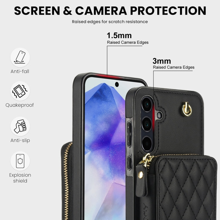 For Samsung Galaxy A35 5G AwQuer Crossbody Zipper Wallet Rhombic Leather Back Phone Case(Black) - Galaxy Phone Cases by Awquer | Online Shopping UK | buy2fix