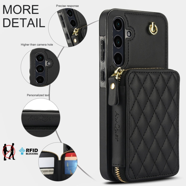 For Samsung Galaxy A35 5G AwQuer Crossbody Zipper Wallet Rhombic Leather Back Phone Case(Black) - Galaxy Phone Cases by Awquer | Online Shopping UK | buy2fix
