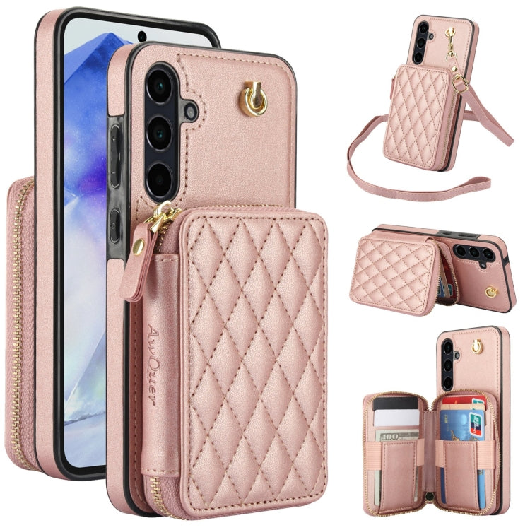For Samsung Galaxy A35 5G AwQuer Crossbody Zipper Wallet Rhombic Leather Back Phone Case(Rose Gold) - Galaxy Phone Cases by Awquer | Online Shopping UK | buy2fix