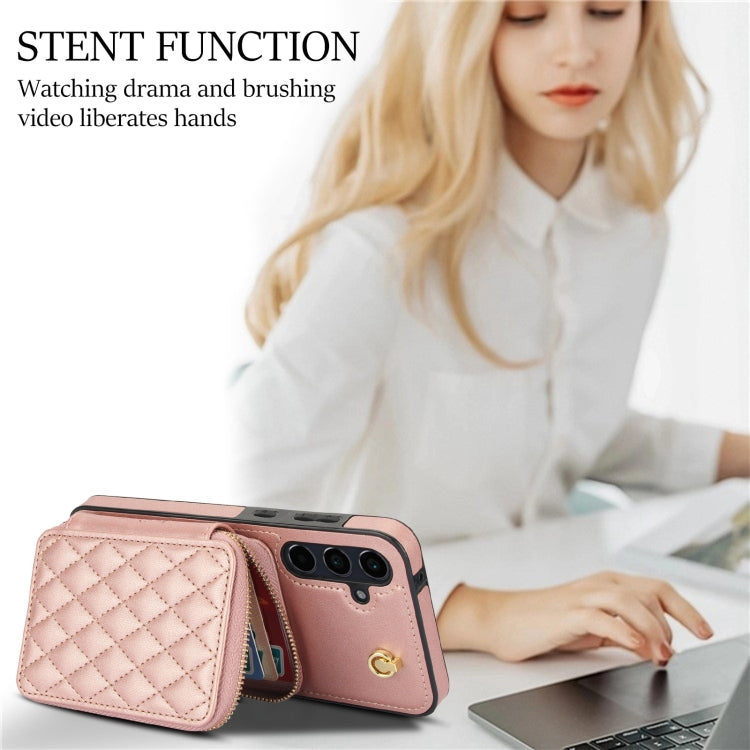 For Samsung Galaxy A35 5G AwQuer Crossbody Zipper Wallet Rhombic Leather Back Phone Case(Rose Gold) - Galaxy Phone Cases by Awquer | Online Shopping UK | buy2fix