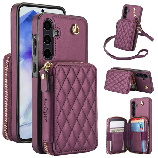 For Samsung Galaxy A35 5G AwQuer Crossbody Zipper Wallet Rhombic Leather Back Phone Case(Dark Purple) - Galaxy Phone Cases by Awquer | Online Shopping UK | buy2fix