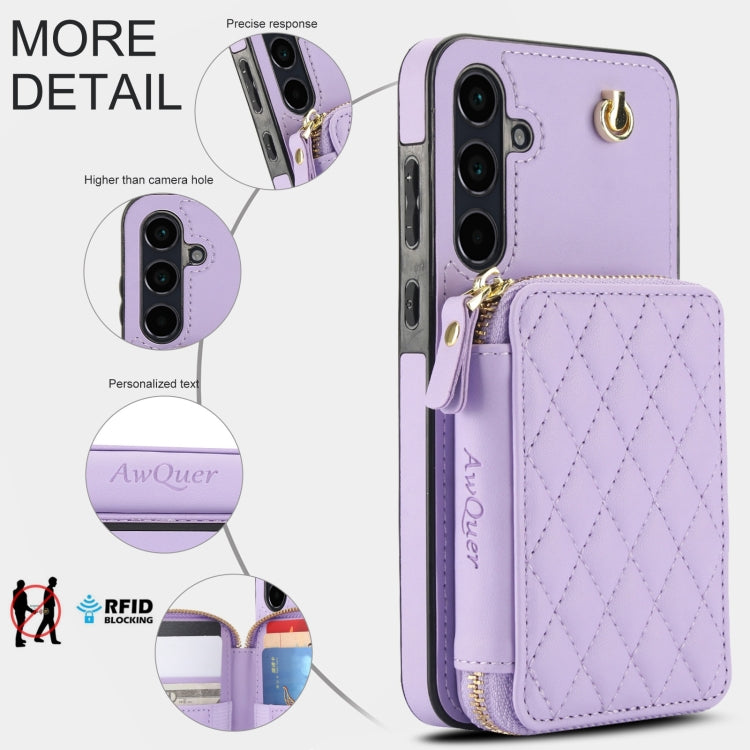 For Samsung Galaxy A35 5G AwQuer Crossbody Zipper Wallet Rhombic Leather Back Phone Case(Purple) - Galaxy Phone Cases by Awquer | Online Shopping UK | buy2fix
