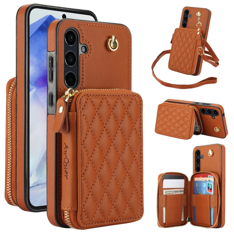For Samsung Galaxy A35 5G AwQuer Crossbody Zipper Wallet Rhombic Leather Back Phone Case(Brown) - Galaxy Phone Cases by Awquer | Online Shopping UK | buy2fix