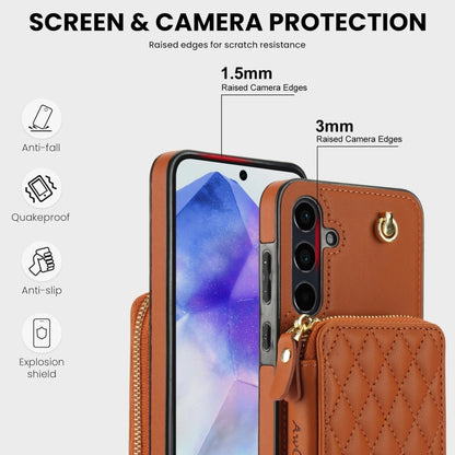 For Samsung Galaxy A35 5G AwQuer Crossbody Zipper Wallet Rhombic Leather Back Phone Case(Brown) - Galaxy Phone Cases by Awquer | Online Shopping UK | buy2fix