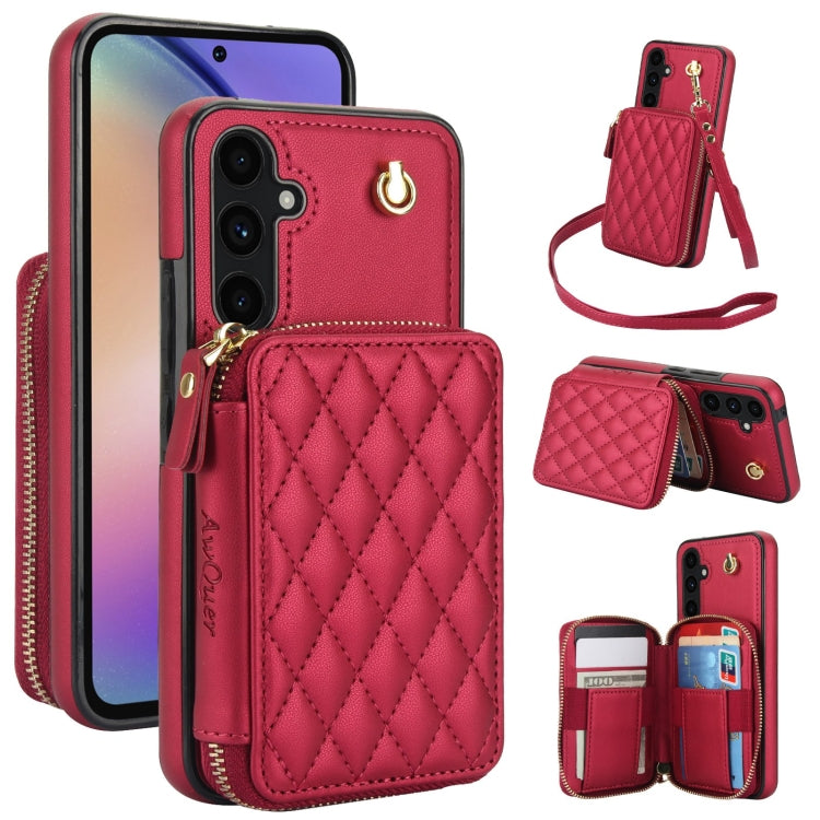 For Samsung Galaxy A54 4G / 5G AwQuer Crossbody Zipper Wallet Rhombic Leather Back Phone Case(Red) - Galaxy Phone Cases by Awquer | Online Shopping UK | buy2fix