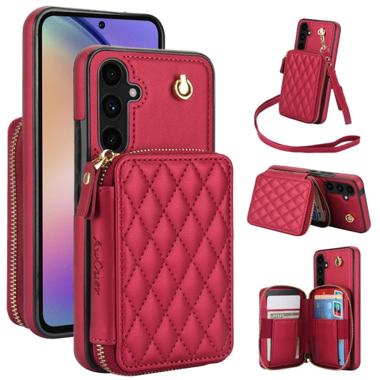 For Samsung Galaxy A54 4G / 5G AwQuer Crossbody Zipper Wallet Rhombic Leather Back Phone Case(Red) - Galaxy Phone Cases by Awquer | Online Shopping UK | buy2fix