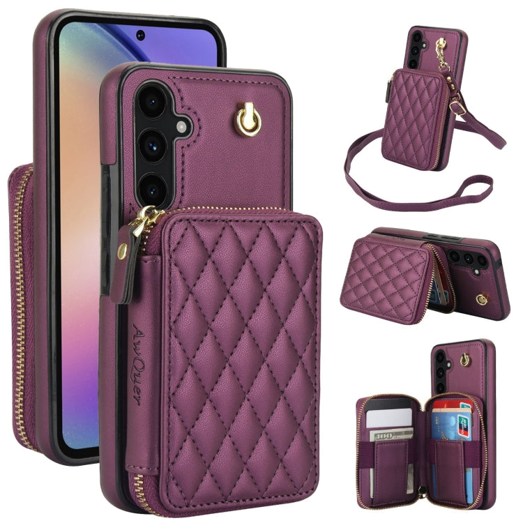 For Samsung Galaxy A54 4G / 5G AwQuer Crossbody Zipper Wallet Rhombic Leather Back Phone Case(Dark Purple) - Galaxy Phone Cases by Awquer | Online Shopping UK | buy2fix