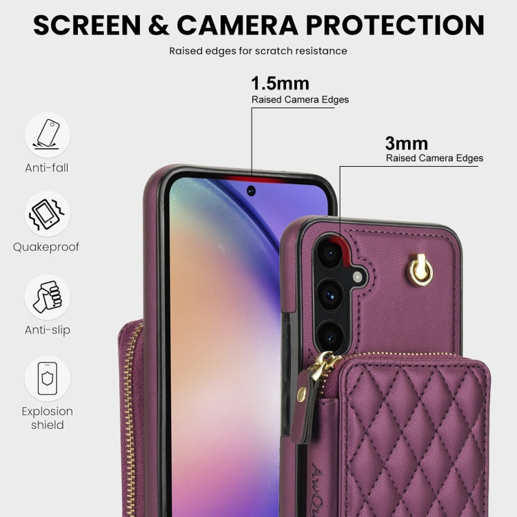 For Samsung Galaxy A54 4G / 5G AwQuer Crossbody Zipper Wallet Rhombic Leather Back Phone Case(Dark Purple) - Galaxy Phone Cases by Awquer | Online Shopping UK | buy2fix