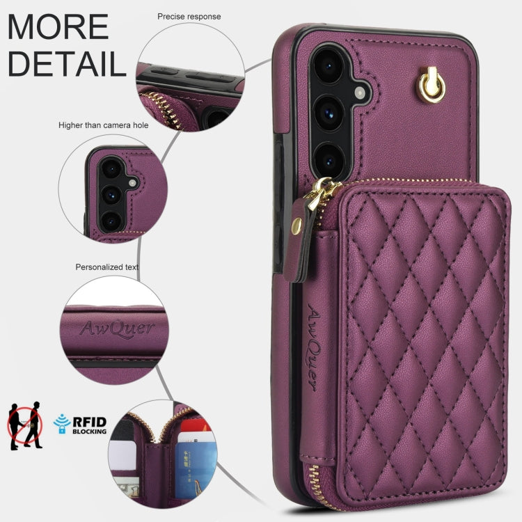 For Samsung Galaxy A54 4G / 5G AwQuer Crossbody Zipper Wallet Rhombic Leather Back Phone Case(Dark Purple) - Galaxy Phone Cases by Awquer | Online Shopping UK | buy2fix
