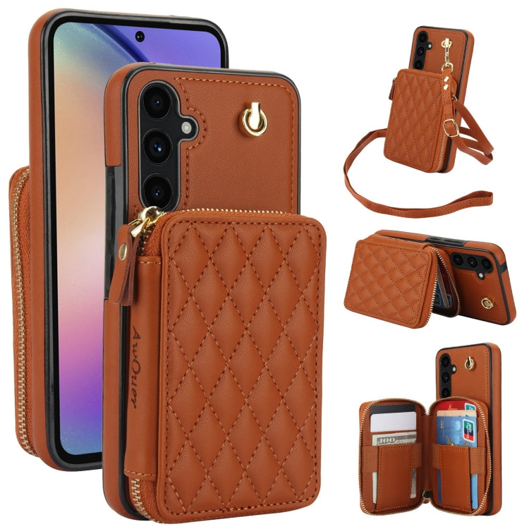 For Samsung Galaxy A54 4G / 5G AwQuer Crossbody Zipper Wallet Rhombic Leather Back Phone Case(Brown) - Galaxy Phone Cases by Awquer | Online Shopping UK | buy2fix