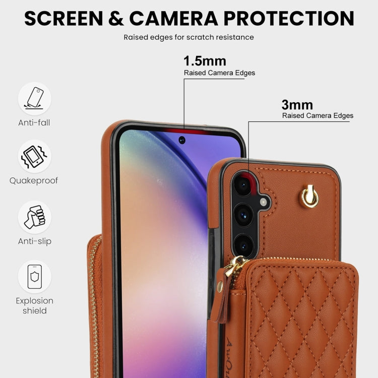 For Samsung Galaxy A54 4G / 5G AwQuer Crossbody Zipper Wallet Rhombic Leather Back Phone Case(Brown) - Galaxy Phone Cases by Awquer | Online Shopping UK | buy2fix